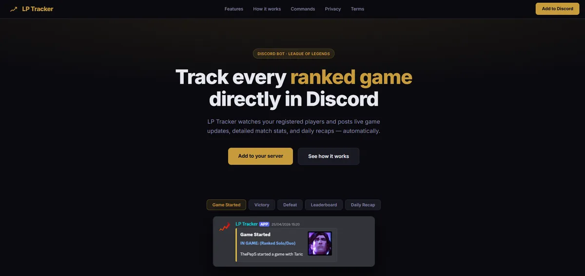 Page d'accueil de lpTracker avec un aperçu d'une notification de partie en cours sur Discord